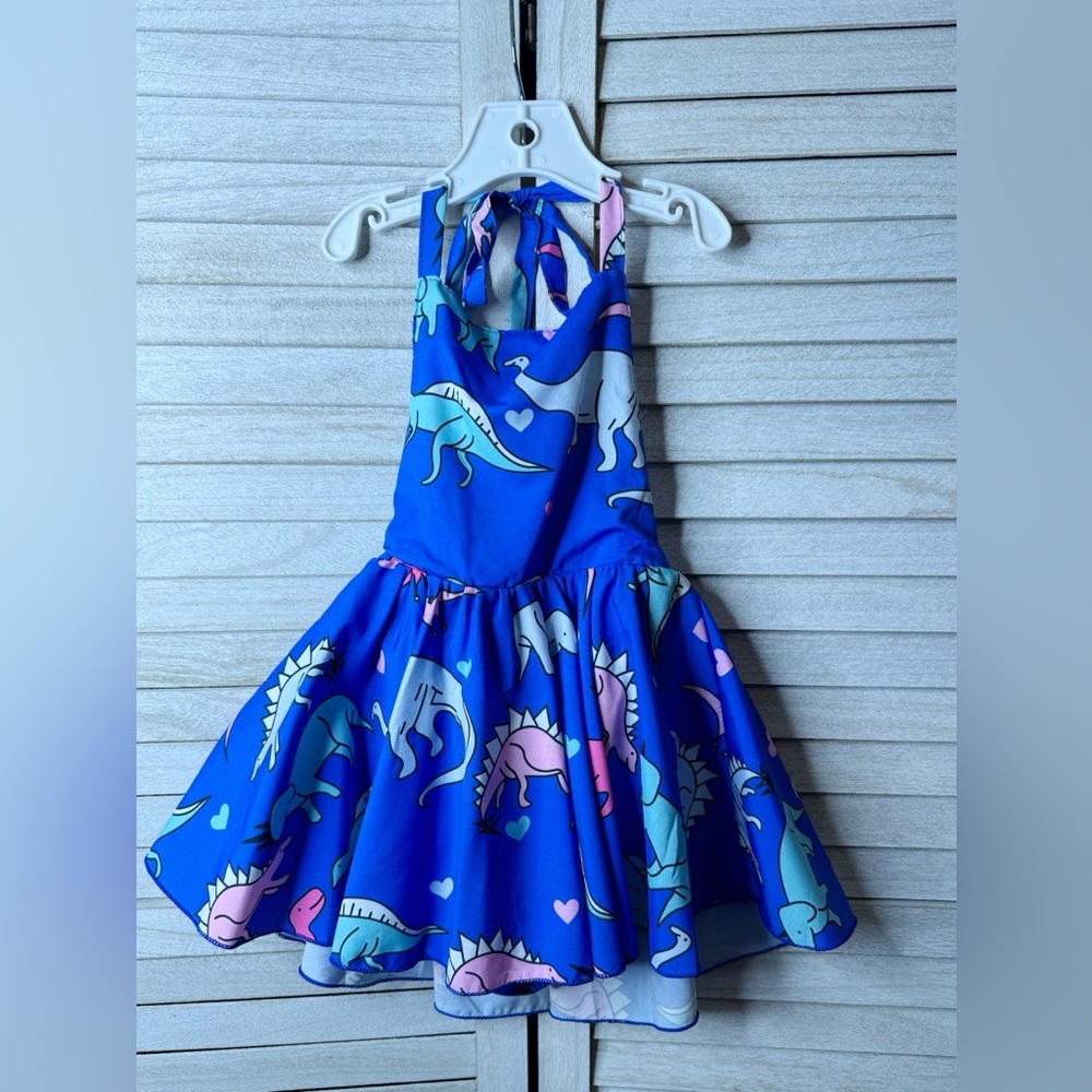 Boutique Blue Dinosaur Print Skirted Romper. Excellent Condition. Size 110. 3/4t